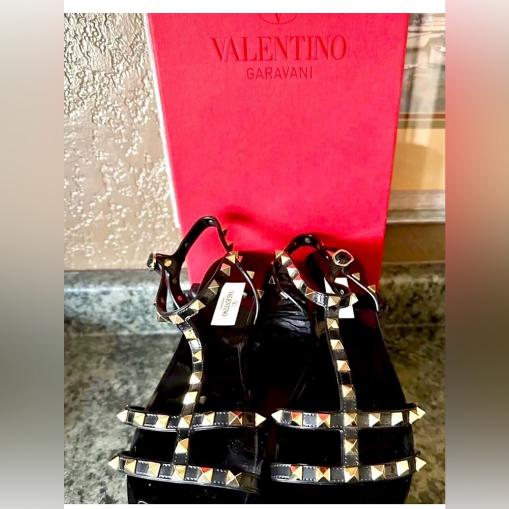 Valentino Garavani Black and Gold Studded Sandals